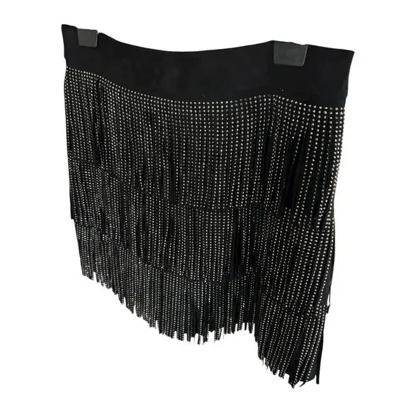 Black Fringe Studded Skirt Medium Western Boho Festival Rodeo Dance Zipper - Picture 5 of 8